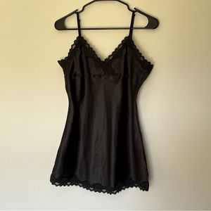 One Step Up - Black Satin Lingerie Camisole Top with Lace Detail - Large